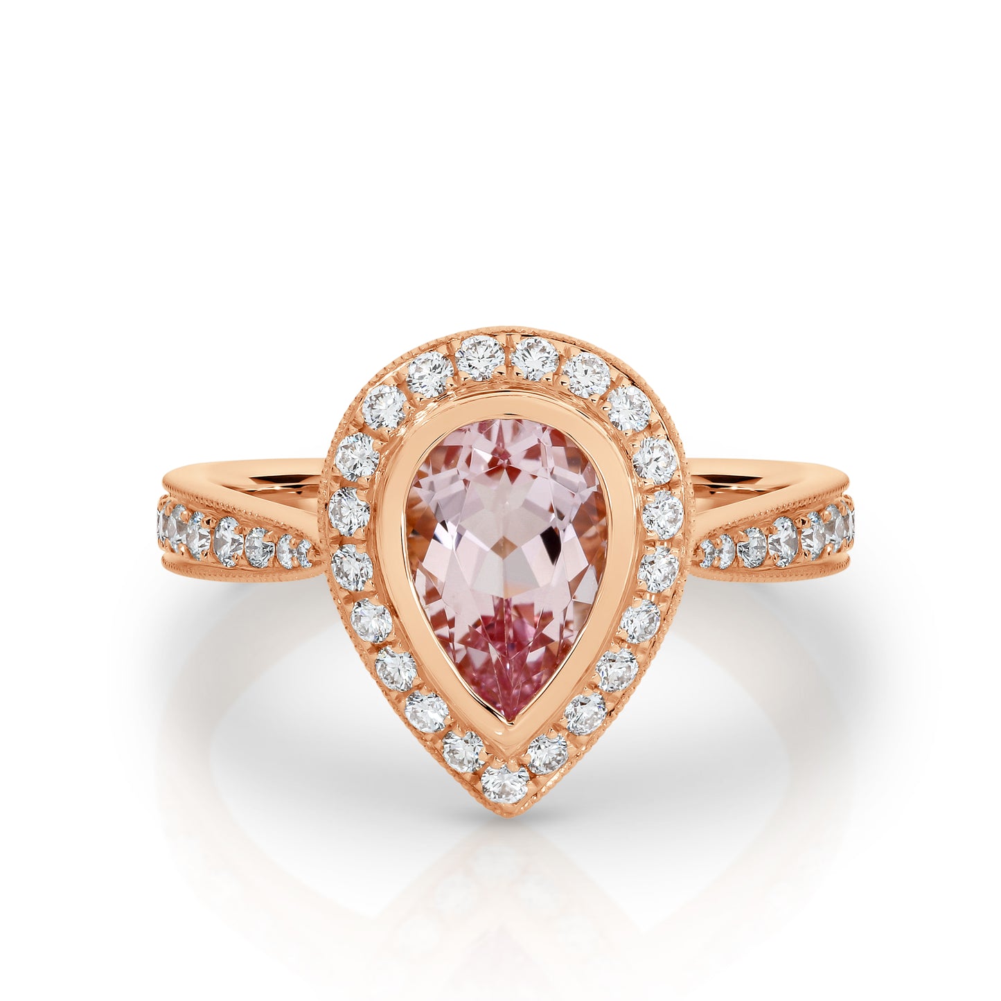 Halo 18ct Rose Gold Pear Morganite Ring - Mandi and Co