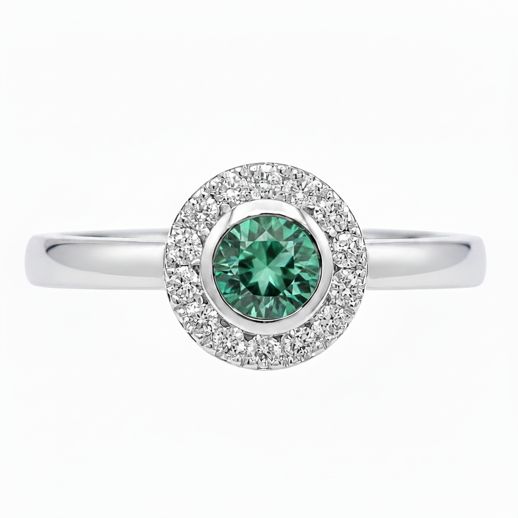 9ct White gold Seafoam Tourmaline and Diamond Halo ring.