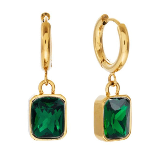 Luna - Gold Plate Stainless Steel Drop EarringS with Green CZ
