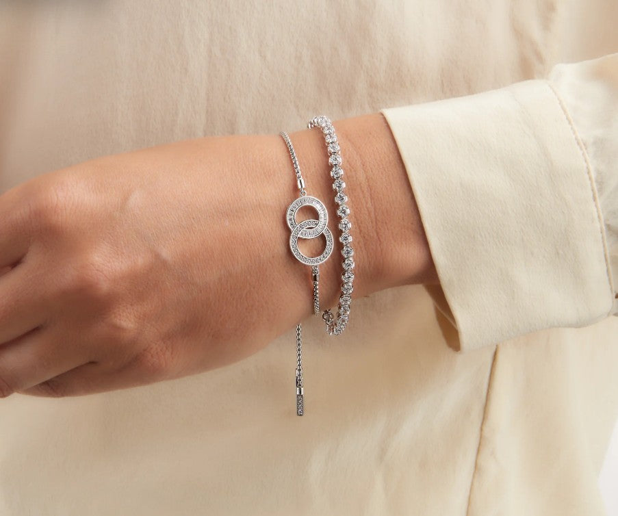 Indi Rhodium plate CZ round & Baguette, Circles Silver Adjustable Bracelet