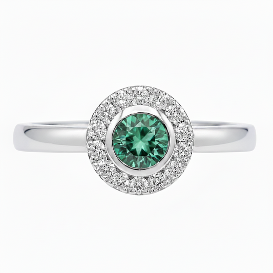 9ct White gold Seafoam Tourmaline and Diamond Halo ring.