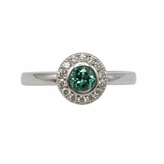 9ct White gold Seafoam Tourmaline and Diamond Halo ring.