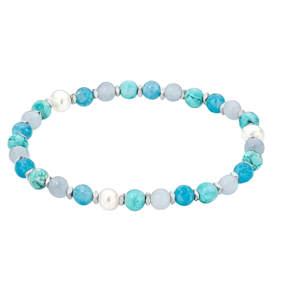 Beaded bracelet with blue, white, and turquoise beads on a white background